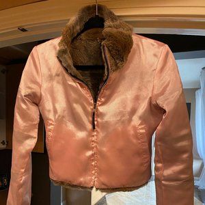 Reversible rabbit and pink silk jacket